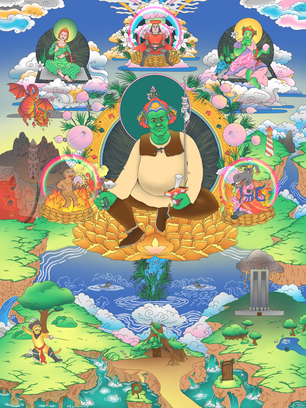 Shrek characters in place of traditional Padmasambhava religious illustration